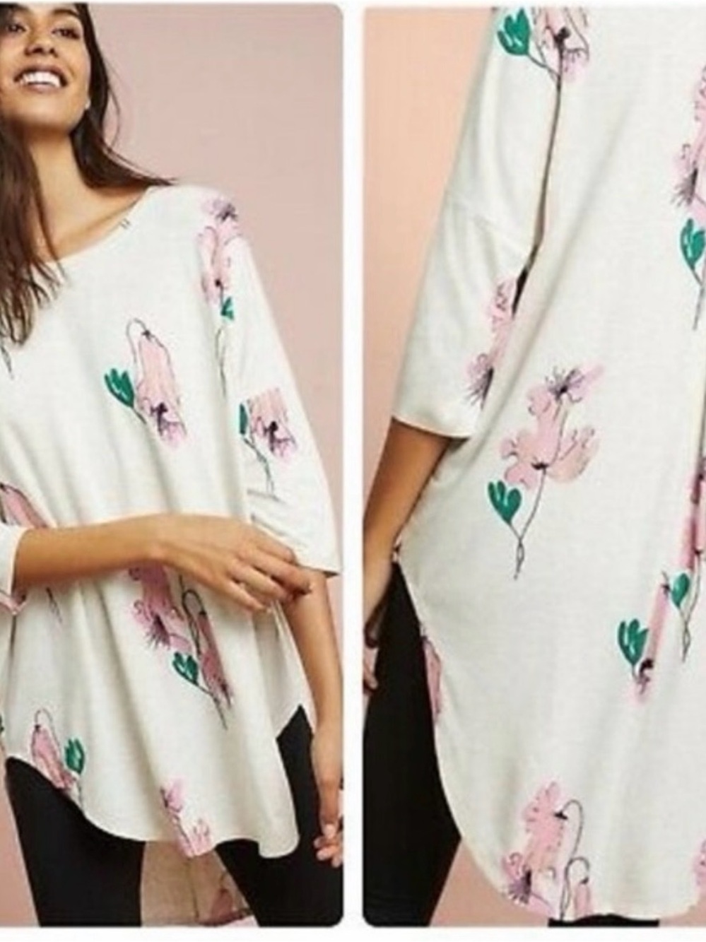 Anthropologie Cream Tunic with Pink Floral and Green Accents